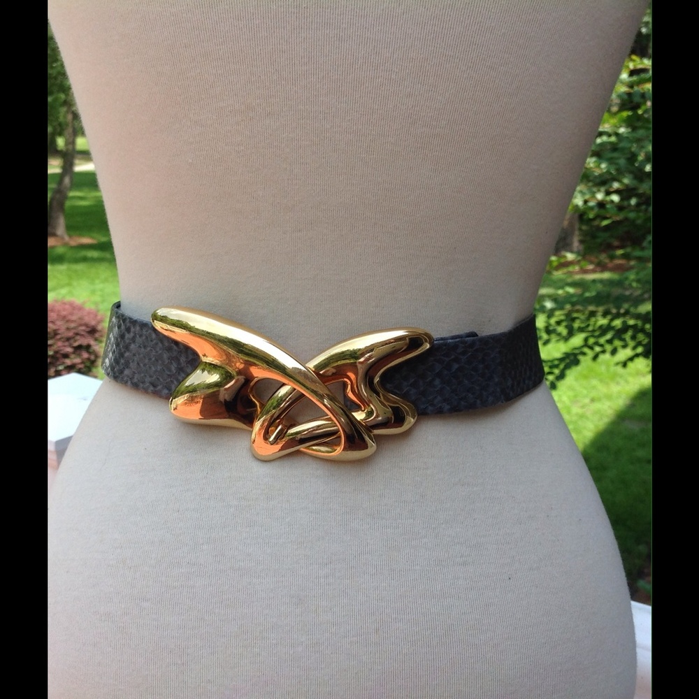 Vintage Gray Croco Leather Belt Gold Angle Buckle